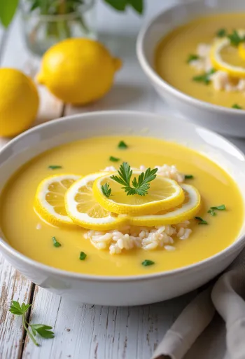 Avgolemono serviran s kolutovima limuna, svježa i kremasta grčka juha