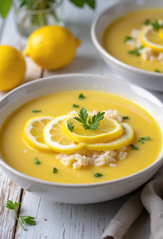 Avgolemono serviran s kolutovima limuna, svježa i kremasta grčka juha