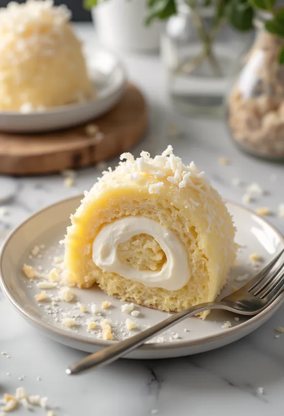 Bolo de rolo s kokosom, serviran kao zlatnosmeđa rolada