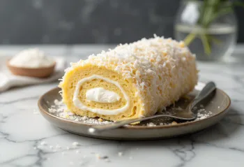 Bolo de rolo s kokosom, serviran kao zlatnosmeđa rolada