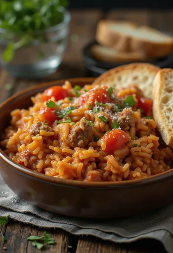 Riža s mesom poslužena