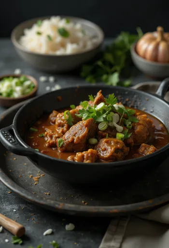 Curry goat s češnjakom, pripremljen s kokosovim mlijekom, poslužen sa svježim korijanderom