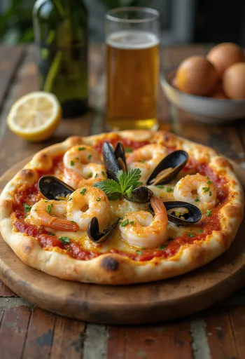 Pizza Frutti di Mare s češnjakom na tanjuru