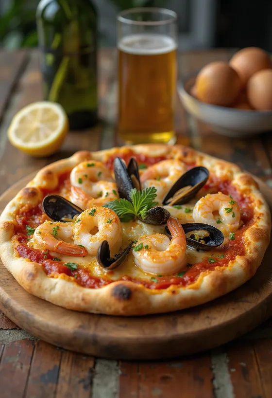 Pizza Frutti di Mare s češnjakom na tanjuru