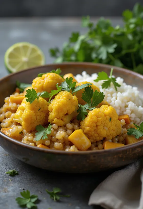 Buddha zdjela s kvinojom, cvjetačom i curryjem s lime tofuom poslužena
