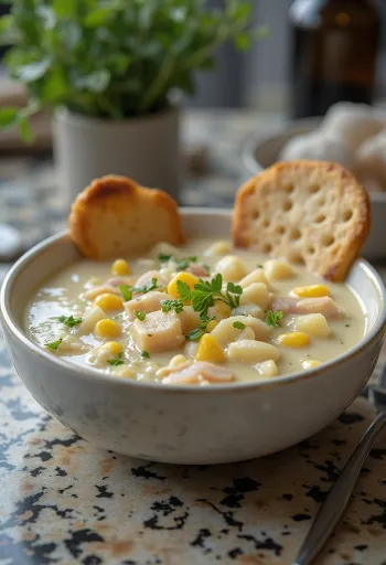 Kremasti klasični chowder poslužen s dimljenom ribom i kukuruzom