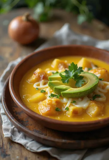 Locro de papa bogata, kremasta juha od krumpira, poslužena sa sirom i kiselim vrhnjem