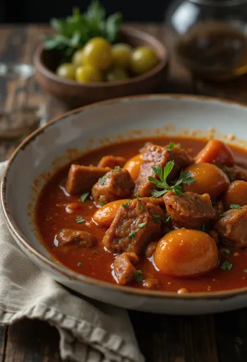 Perkelt sa sočnim kockicama mesa, serviran u začinjenom umaku od paprike