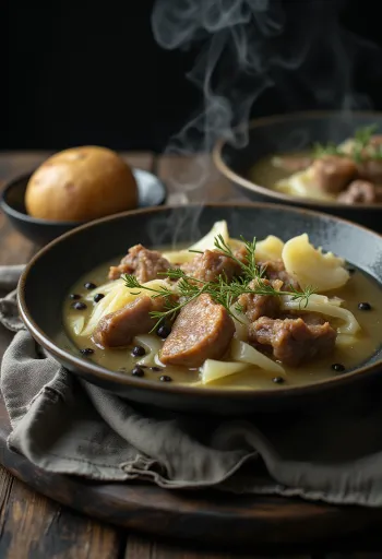 Fårikål gulaš od janjetine i kupusa poslužen s gustim, paprenim umakom