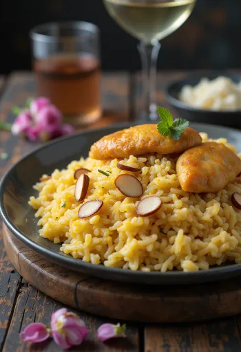 Morog Polao sa šafranom poslužen, ukrašen bademima i suhim marelicama