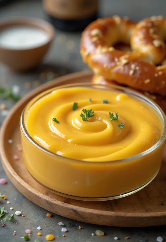 Umak od cheddar sira i piva u zdjeli, ukrašen svježim peršinom, uz nachos.