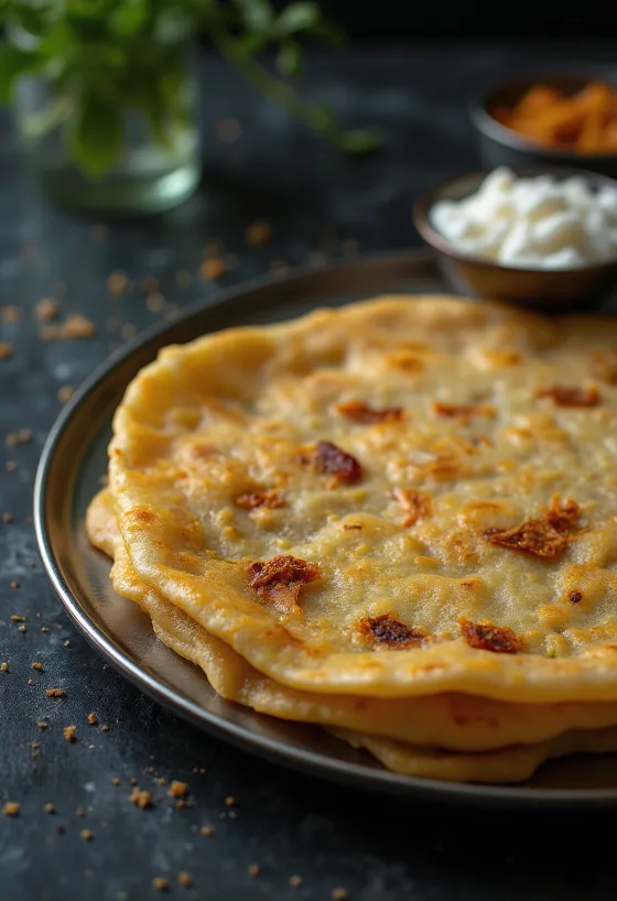 Adai dosa svježa, hrskavo pečena, poslužena sa začinjenim nadjevom