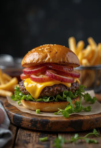 Burger od bizona serviran sa sirom i povrćem