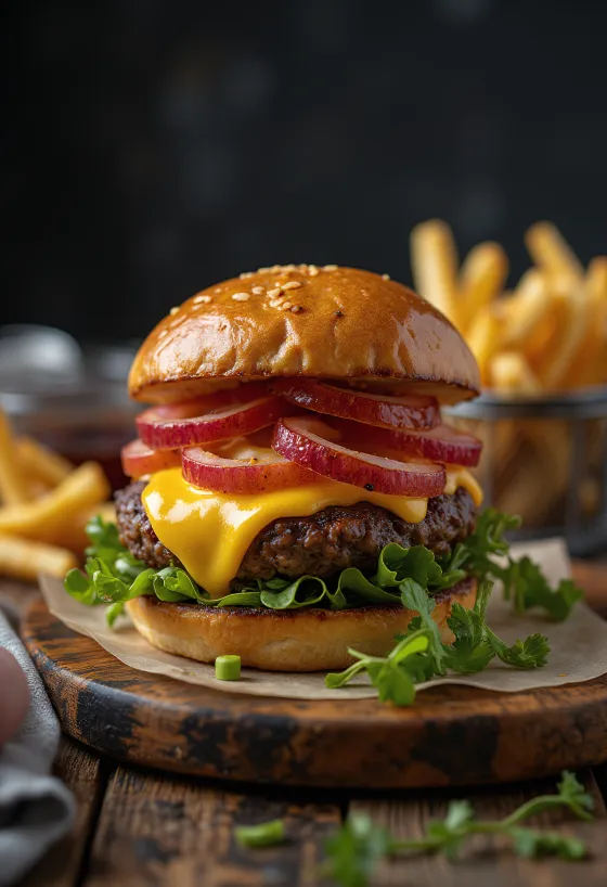 Burger od bizona serviran sa sirom i povrćem