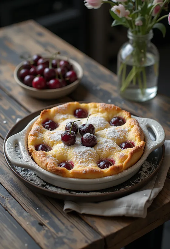 Svježi, zlatno-smeđi Clafoutis s višnjama, serviran
