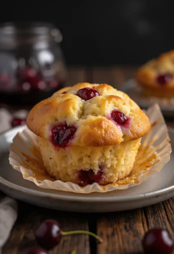 Svježi muffini s višnjama pečeni do zlatnosmeđe boje, posuti šećerom u prahu