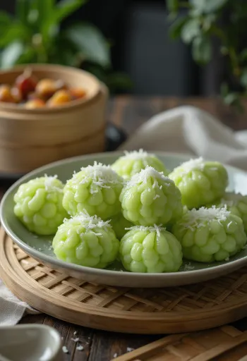 Zeleni pareni kolačići od rižinog brašna s pandanom, posluženi na tanjuru