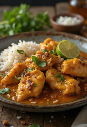 Rendang ayam poslužen sa svježim korijanderom i prilogom
