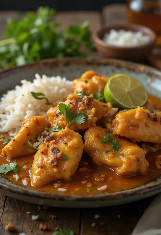 Rendang ayam poslužen sa svježim korijanderom i prilogom