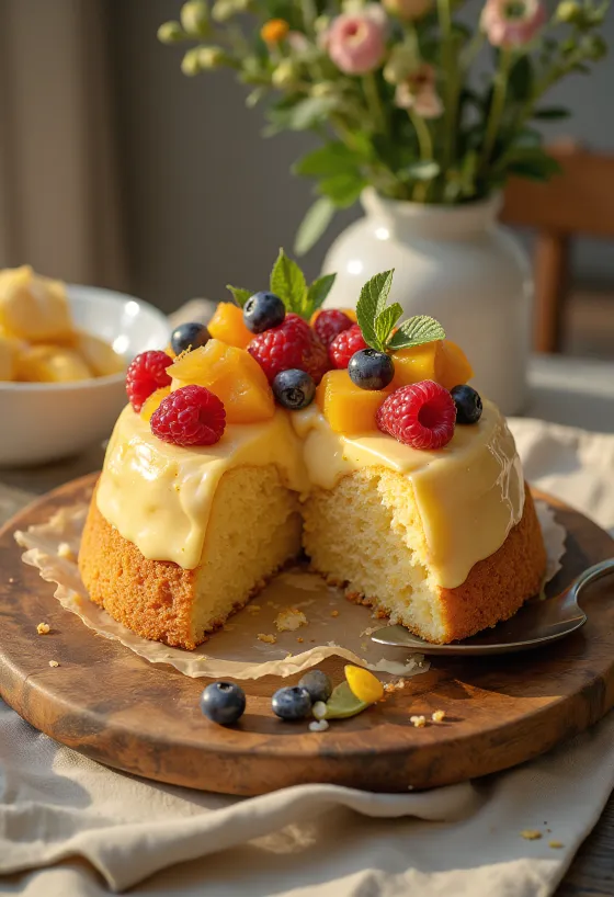 Svježa voćna torta sa šarenim voćem i sjajnim slojem želea