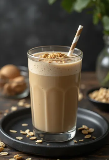 Smoothie od kave serviran u visokoj čaši, ukrašen kriškama banane