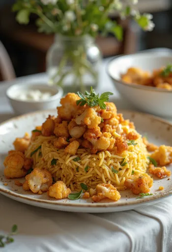 Maqluba s cvjetačom, bogato jelo od riže s piletinom, cvjetačom i svježim korijanderom