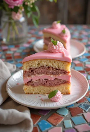Punč torta prelivena ružičastom glazurom ukrašena čokoladnim trakama i poslužena s kandiranim voćem.