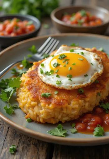 Zlatno smeđi tacu-tacu od riže i graha s pečenim jajem na vrhu