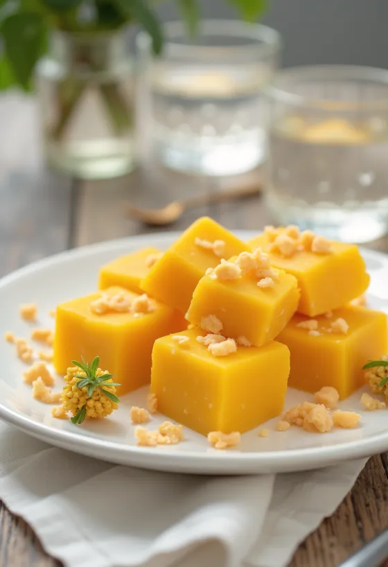 Žarko žute kocke mango barfija posute listićima badema.