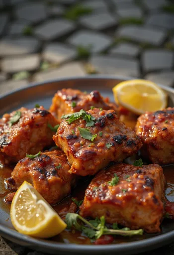 Tandoori kozletina poslužena s naan kruhom i svježim korijanderom.