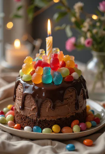 Čokoladna torta s bombonima ukrašena šarenim bombonima