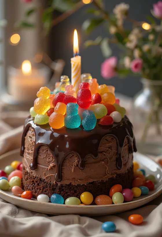 Čokoladna torta s bombonima ukrašena šarenim bombonima