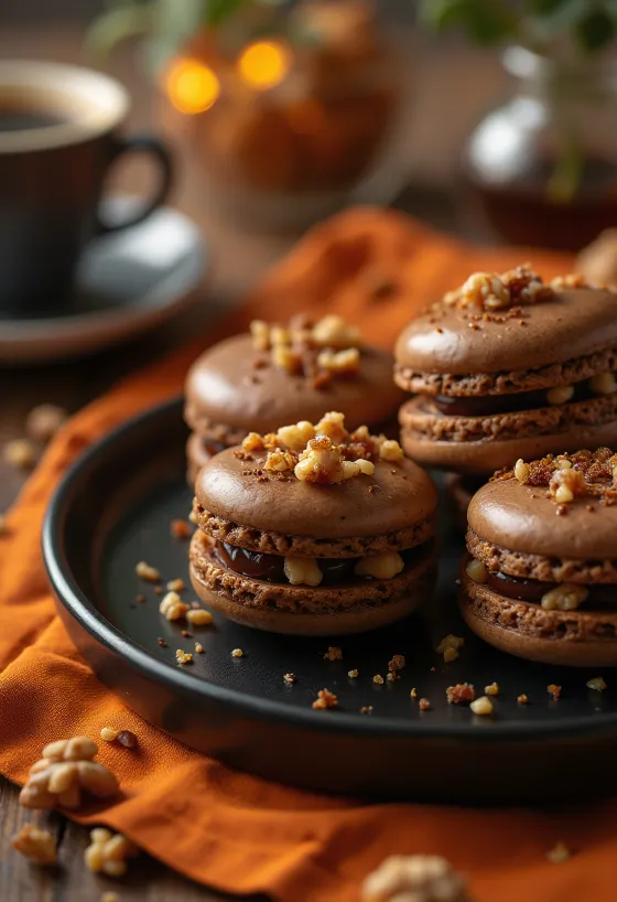 Macarons s kavom i karameliziranim orasima posluženi