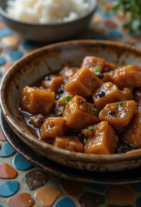 Adobo sa svinjetinom, poslužen uz rižu i svježi korijander