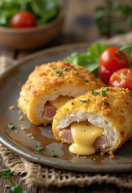 Cordon bleu poslužen sa svježom salatom i prženim krumpirićima