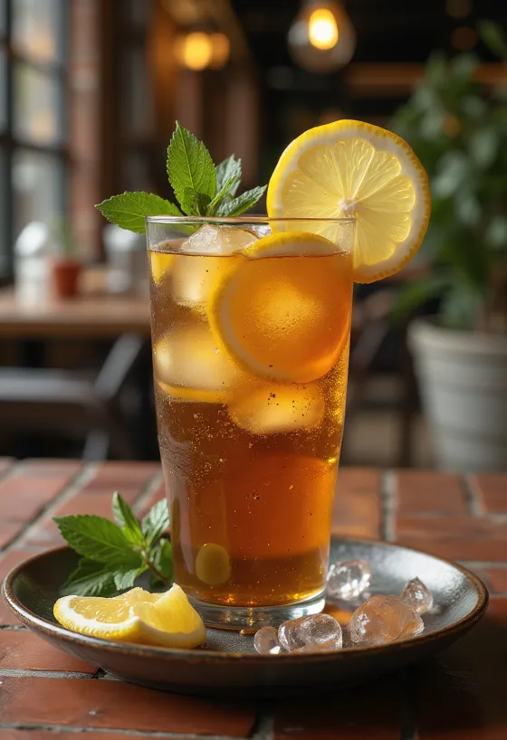 Limunada s crnim čajem s kockicama leda i kriškom limuna