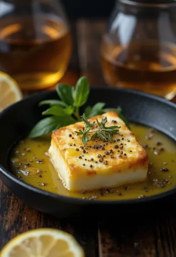 Saganaki feta sir preliven limunovim sokom, zlatno smeđi sir