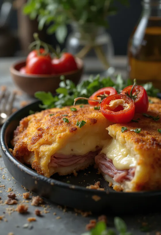 Cachopo poslužen s prženim krumpirićima i limunom