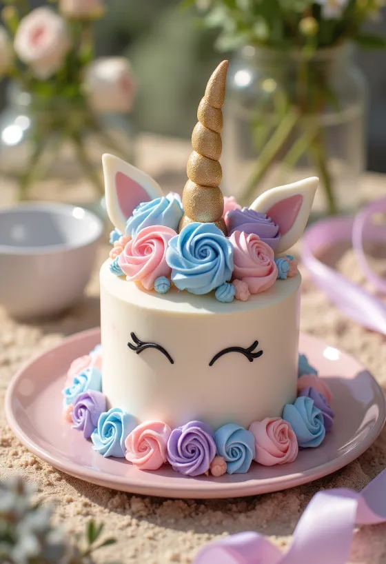 Torta jednorog sa šarenim korama i ukrasima od fondana na stolu