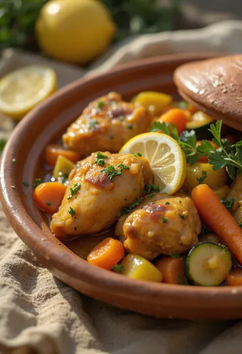 Tagine s piletinom poslužen s bogatim povrćem i začinima