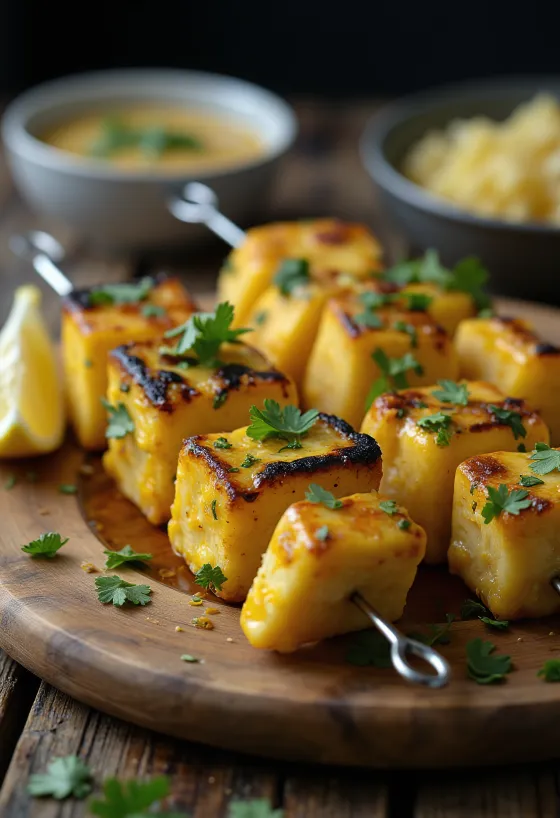 Achari paneer tikka komadići paneera s roštilja, začinjeni u marinadi od jogurta, posluženi sa svježim korijanderom i limunom