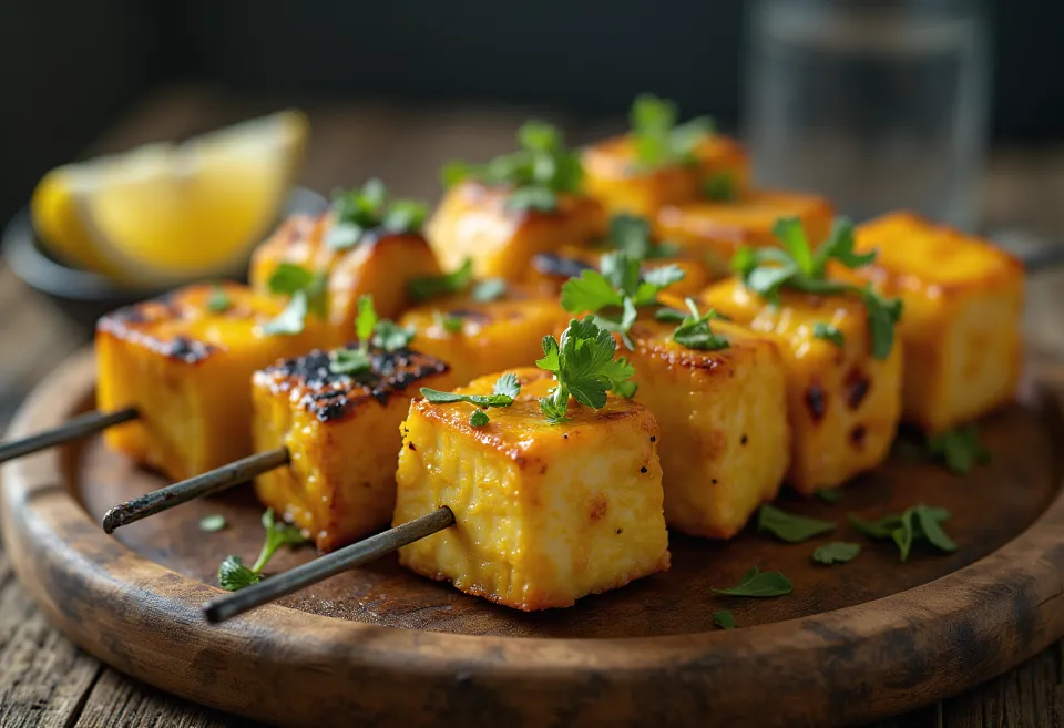Achari paneer tikka komadići paneera s roštilja, začinjeni u marinadi od jogurta, posluženi sa svježim korijanderom i limunom