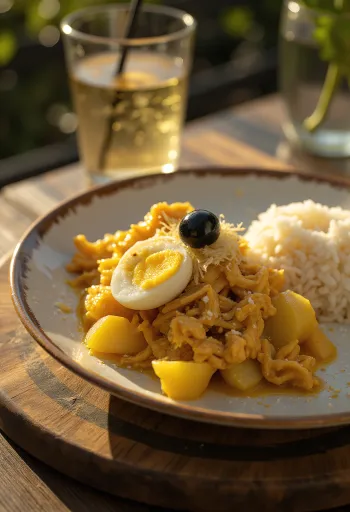 Ají de Gallina s lukom, poslužen sa svježim jajem i listićima badema