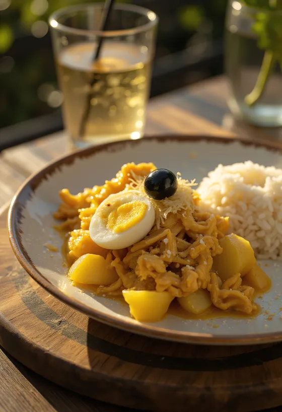 Ají de Gallina s lukom, poslužen sa svježim jajem i listićima badema
