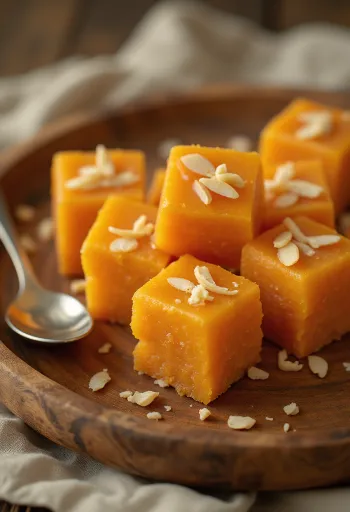 Narančaste kocke barfija od mrkve složene na tanjuru.