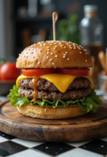 Hamburger poslužen s prženim krumpirićima i svježom salatom