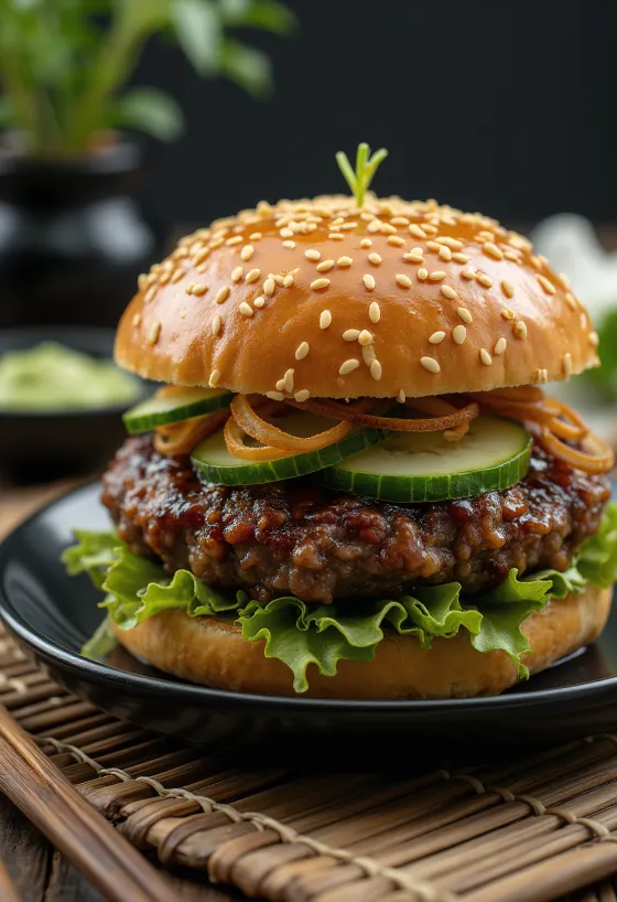 Svježe pripremljen japanski hamburger s teriyaki glazurom i wasabijem