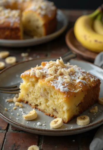 Torta od kokosa i banane posuta šećerom u prahu i ukrašena kokosovim mrvicama