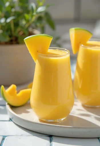 Smoothie od manga u visokoj čaši, ukrašen kriškama manga