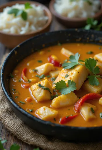 Moqueca bez glutena, bogato riblje jelo s kokosovim mlijekom, servirano